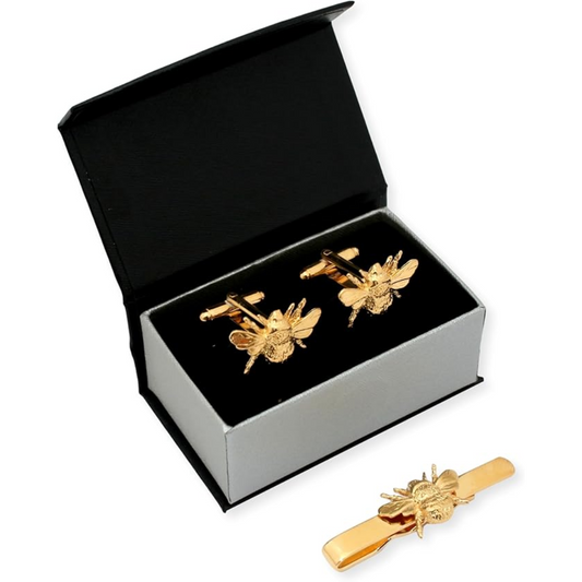 Bee Gold Plated Cufflinks & Tie Clip Set