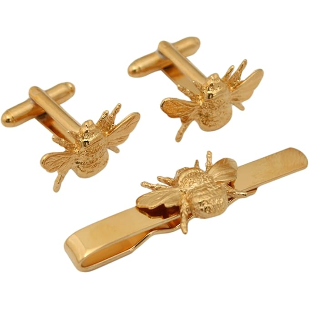Bee Gold Plated Cufflinks & Tie Clip Set