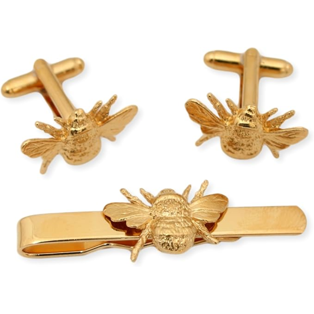 Bee Gold Plated Cufflinks & Tie Clip Set