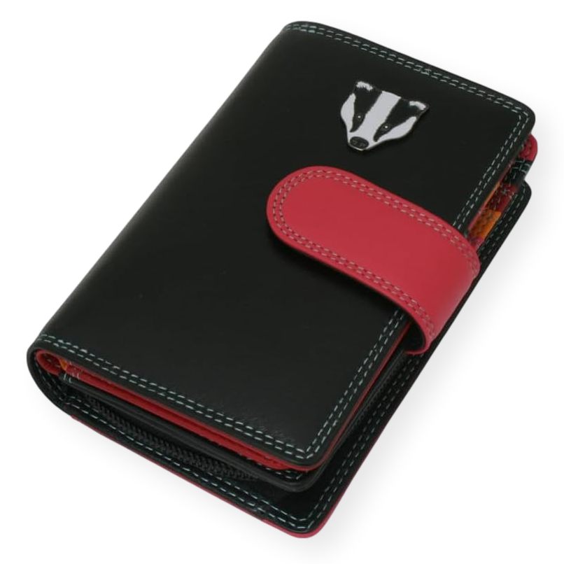 Woodland Animals Ladies Leather Purse with Coin Pouch RFID Safe Black & Pink