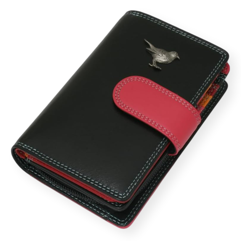 Birds Ladies Leather Purse with Coin Pouch RFID Safe Black & Pink Gift