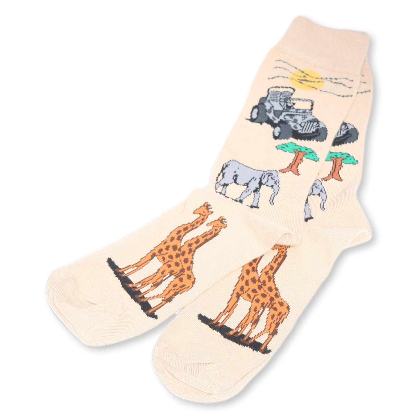 Safari Adventure Socks – Beige with Elephants & Giraffes UK 6–11